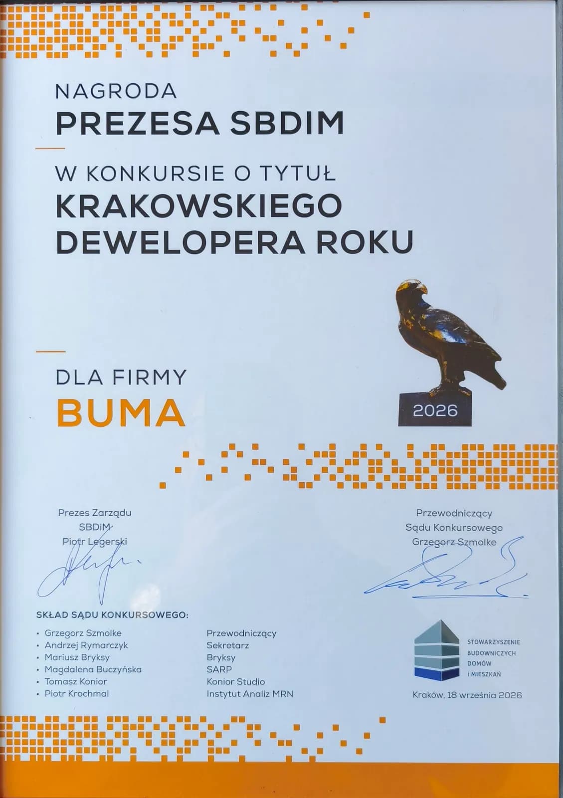 Dyplom Nagrody Prezesa SBDiM w konkursie o tytuł Krakowskiego Dewelopera Roku
